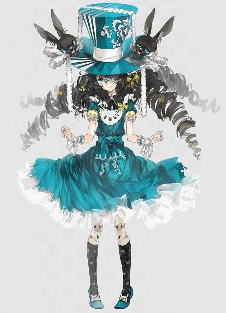 black_hair, black_legwear, blue_eyes, bow, bunny, dress, drill_hair, hair_bow