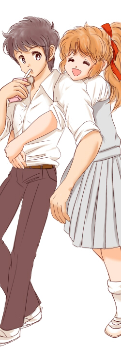 1boy, 1girl, :d, black_hair, black_pants, brown_hair, commentary_request, drink_carton, drinking, drinking_straw, grey_skirt, hair_ribbon, hetero, hug, hug_from_behind, juice_box, nitta_yuka, pants, red_ribbon, ribbon, school_uniform, shoes, short_hair, sidelocks, simple_background, skirt, smile, socks, touch_(manga), uesugi_tatsuya, uwabaki, white_background, white_socks