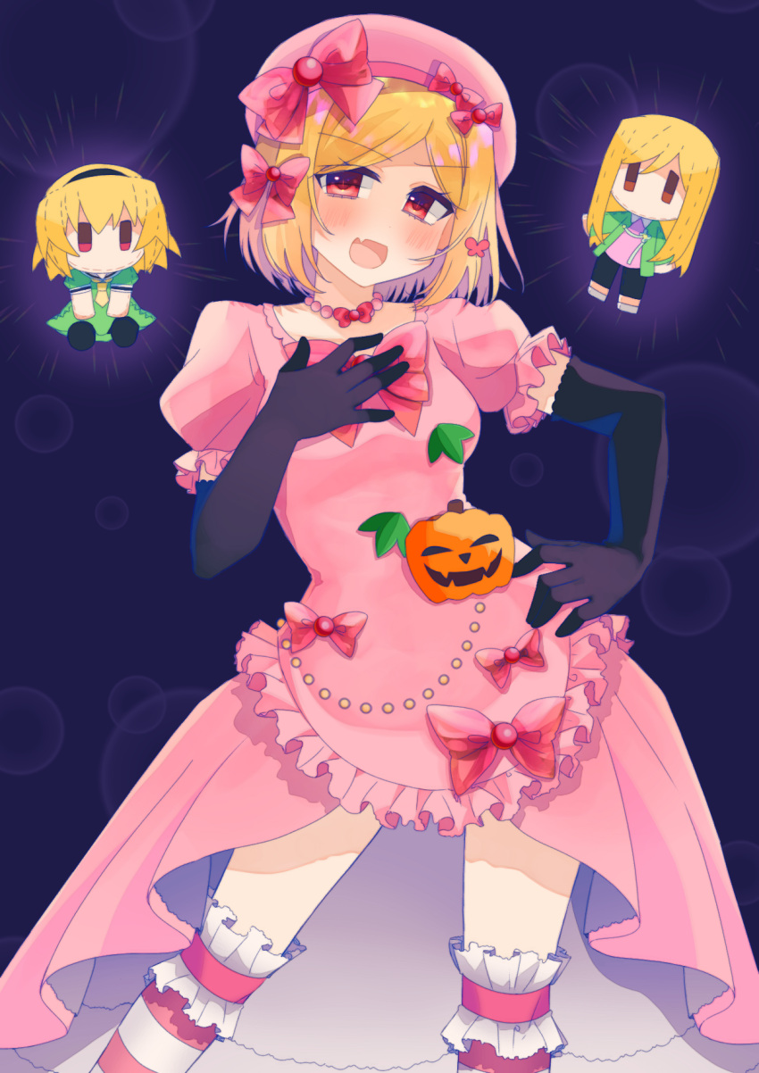 1girl, beret, black_gloves, blonde_hair, blush, bow, character_doll, commentary, doll, dress, elbow_gloves, fang, frilled_thighhighs, frills, gloves, hand_on_own_hip, hat, highres, higurashi_no_naku_koro_ni, houjou_satoko, ibispaint_(medium), jack-o'-lantern, lambdadelta, looking_at_viewer, open_mouth, pink_dress, pink_hat, pink_thighhighs, pumpkin, red_eyes, short_hair, skin_fang, smile, solo, takano_miyo, thigh-highs, umineko_no_naku_koro_ni, yasonomugi