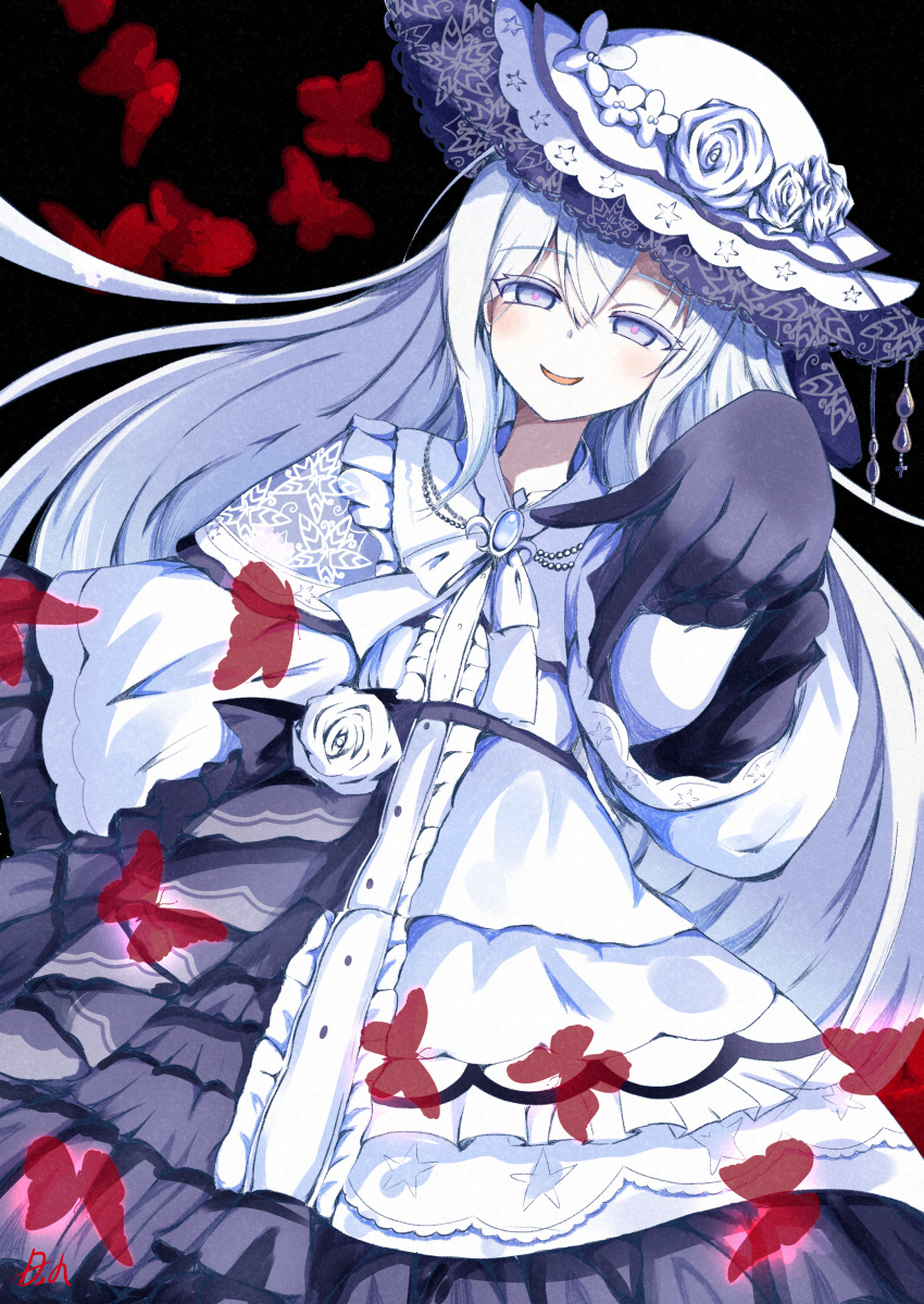 absurdres, black_background, black_gloves, bug, butterfly, capelet, colored_eyelashes, commentary_request