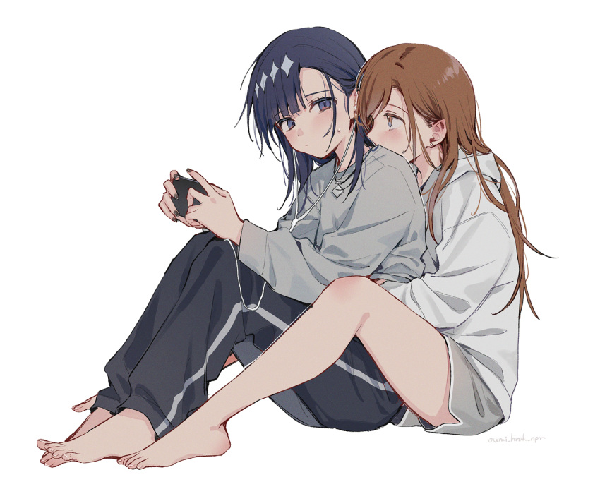 2girls, barefoot, black_hair, black_nails, black_pants, brown_eyes, brown_hair, cellphone