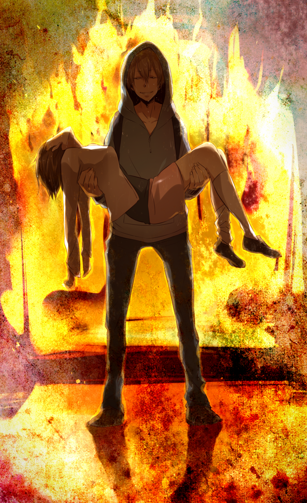 brown_hair, carrying, durarara!!, fire, highres, hood, mikajima_saki, princess_carry