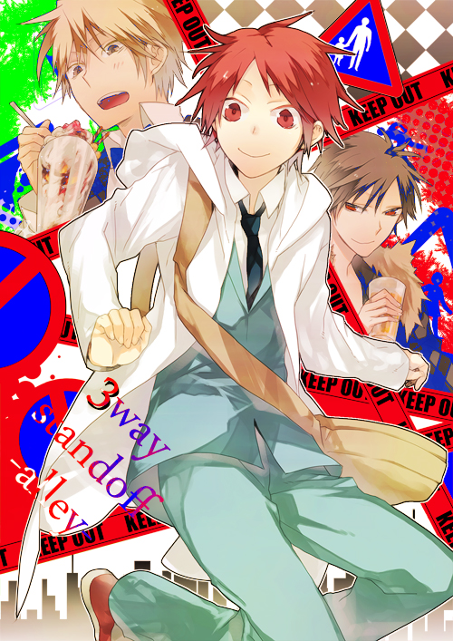 akio_(89e), bag, blonde_hair, bowtie, brown_eyes, brown_hair, coat, durarara!!