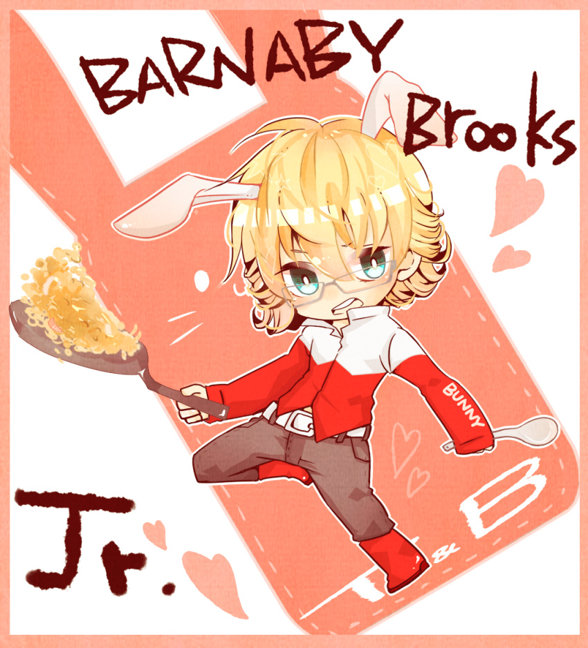 animal_ears, aqua_eyes, barnaby_brooks_jr, belt, blonde_hair, blue_eyes, bunny_ears, chibi, cooking, fried_rice, frying_pan, glasses, jacket, kemonomimi_mode, male, mami_(sweetcandy), red_jacket, solo, spoon, tiger_&amp;_bunny
