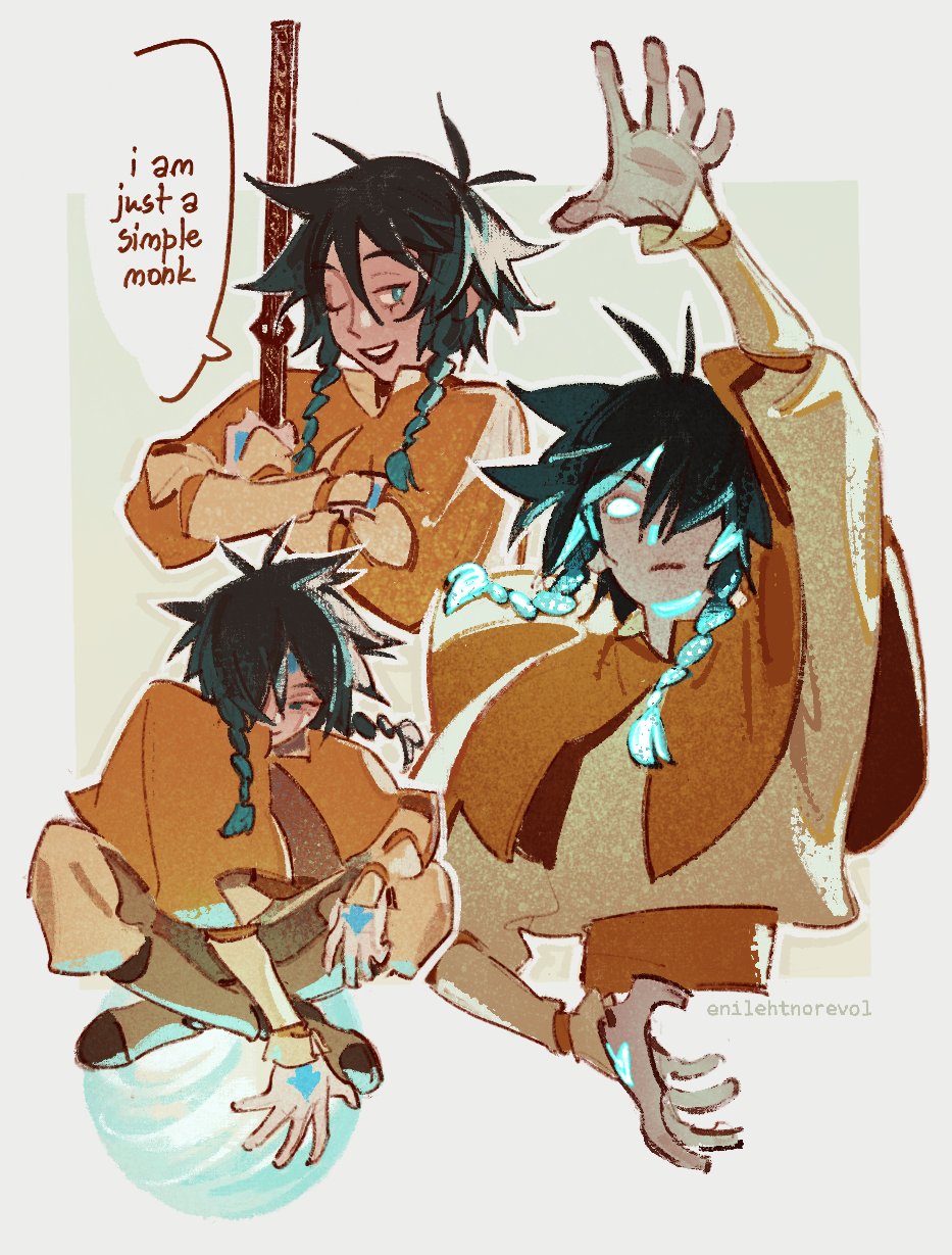 1boy, aang, aang_(cosplay), aerokinesis, antenna_hair, aqua_hair, arm_tattoo, arm_up