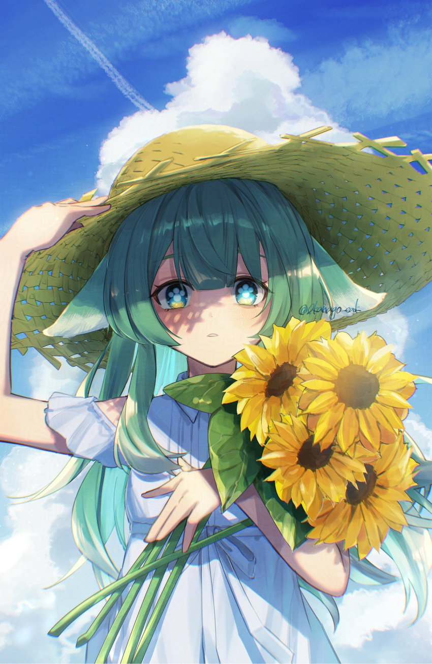 1girl, adjusting_clothes, adjusting_headwear, alternate_costume, animal_ears, bouquet, commentary_request, dress