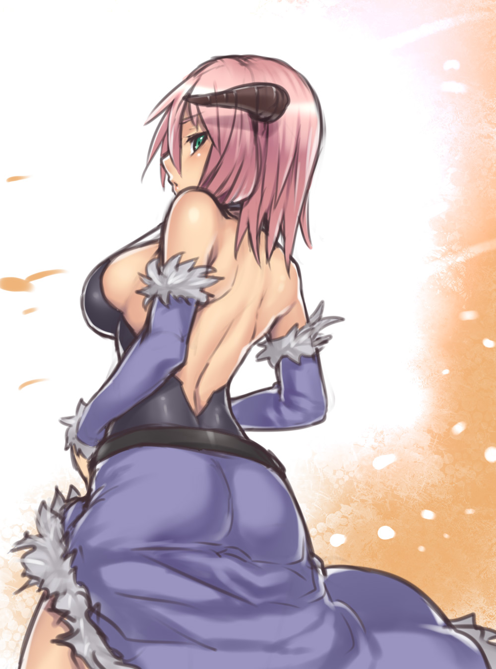 back, bare_shoulders, breasts, demon_horns, elbow_gloves, from_behind, gloves, green_eyes, highres, houtengeki, looking_back, pink_hair, ragnarok_online, shadow_chaser, short_hair, sideboob, solo, stalker