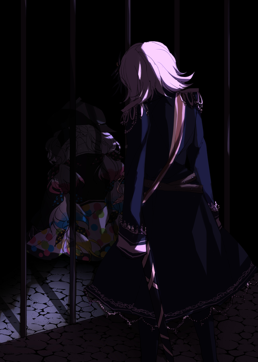 2girls, behind_bars, belt, beret, black_coat, black_gloves, black_hat, blonde_hair