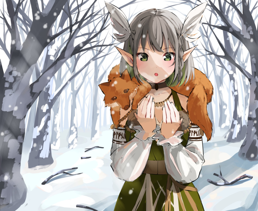 1girl, absurdres, alfhilde_odinsdottir, alte_27, animal_on_shoulder, bare_tree, braid, colored_inner_hair