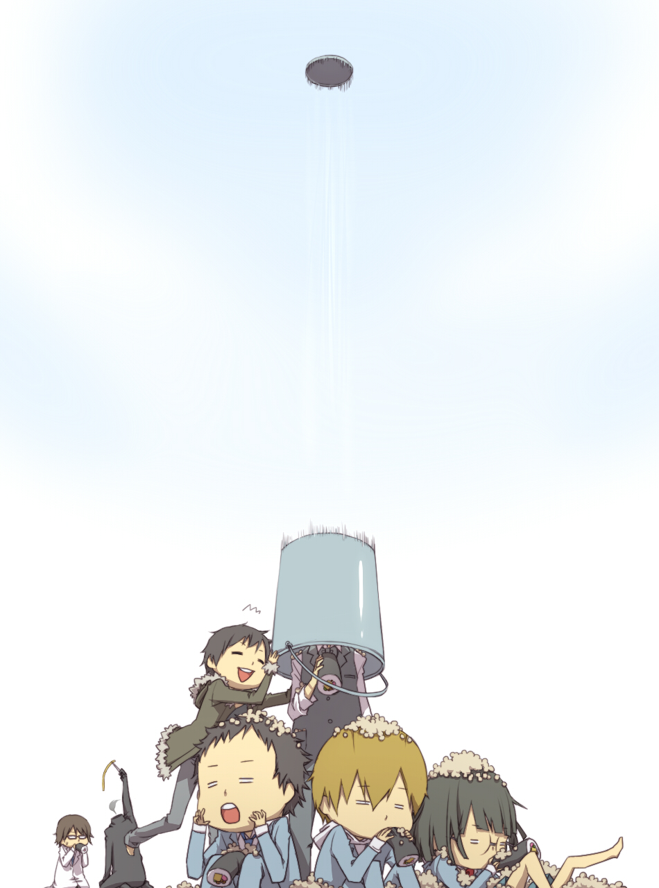 black_hair, blonde_hair, bucket, celty_sturluson, chibi, chopsticks, dullahan, durarara!!