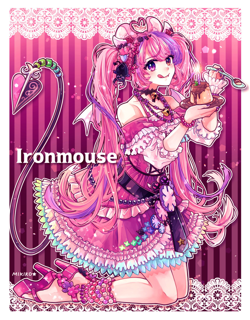 1girl, absurdres, ahoge, animal_ears, bare_shoulders, bead_necklace, beads, bell, commentary, demon_girl, demon_horns, demon_wings, dress, fang, food, frilled_dress, frills, heart, heart_ahoge, heterochromia, high_heels, highres, horns, ironmouse, ironmouse_(pudding), jewelry, kneeling, kuh_tapiru, looking_at_viewer, mouse_ears, multicolored_hair, neck_bell, necklace, pink_dress, pink_hair, pink_shoes, pudding, purple_hair, purple_nails, purple_streaks, red_eyes, shoes, smile, solo, spoon, streaked_hair, tongue, tongue_out, twintails, untranslatable_commentary, violet_eyes, virtual_youtuber, vshojo, wings