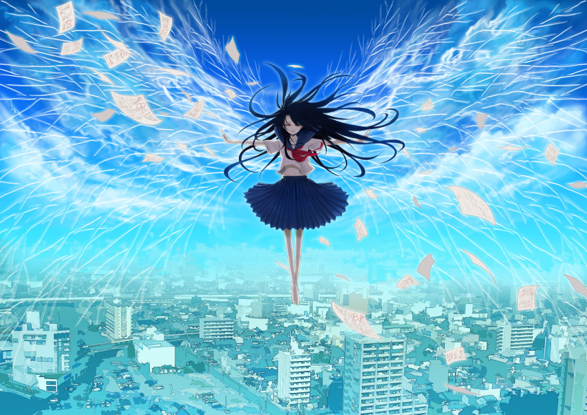barefoot, black_hair, cityscape, cloud, giantess, highres, long_hair, midriff