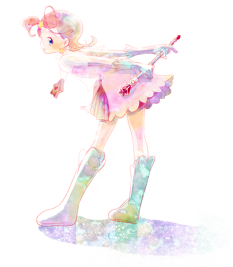 1girl, ahoge, bent_over, blue_eyes, boots, comet_(comet-san), commentary_request, cosmic_baton_girl_comet-san, dress, earrings, full_body, gloves, holding_baton, jewelry, knee_boots, looking_at_viewer, natune, necklace, one_side_up, pink_dress, pink_hair, short_hair, simple_background, solo, star_(symbol), star_earrings, white_background