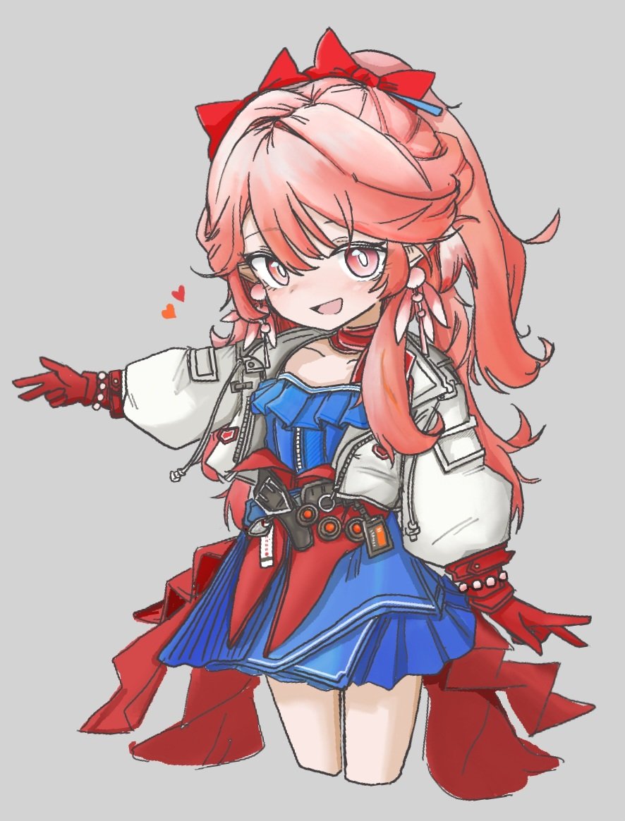 1girl, arknights, blue_dress, bow, chibi, commentary_request, dress, earrings