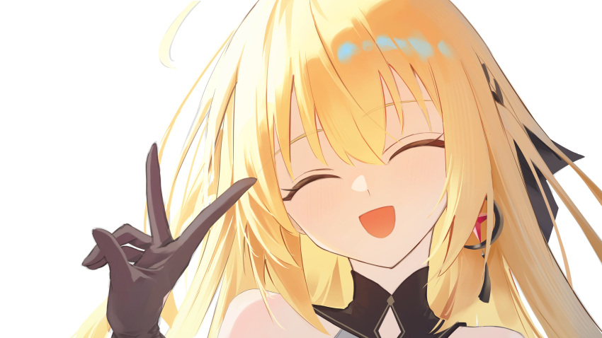 1girl, absurdres, ahoge, blonde_hair, close-up, closed_eyes, commentary, earrings, gloves, hair_between_eyes, highres, jewelry, long_hair, noya_(stella_sora), open_mouth, simple_background, smile, solo, stella_sora, tont27, untranslatable_commentary, v, white_background