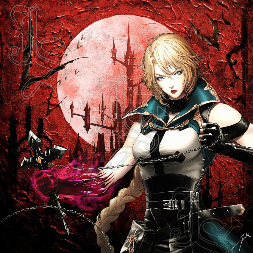 1girl, artist_logo, asymmetrical_arms, bare_shoulders, bat_(animal), belt, belt_buckle, belt_pouch, blonde_hair, blue_eyes, braid, braided_ponytail, breasts, buckle, cape, castle, castlevania:_belmont's_curse, castlevania_(series), chain_whip, collar, collared_cape, commentary, cross, curse, full_moon, gloves, highres, holding, holding_whip, junkisakuraba, latin_cross, logo, long_hair, looking_at_viewer, medium_breasts, metal_collar, moon, multiple_belts, pale_skin, ponytail, pouch, red_lips, red_moon, red_sky, rose_belmont, single_glove, sky, solo, very_long_hair, whip