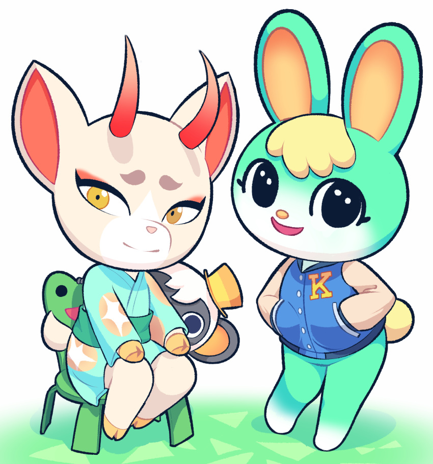 1girl, 2boys, animal_crossing, animal_ears, aqua_kimono, body_fur, chair, deer_ears