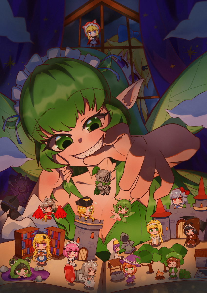 3boys, 6+girls, absurdres, alice_(black_souls), black_hair, black_souls, blonde_hair, campfire