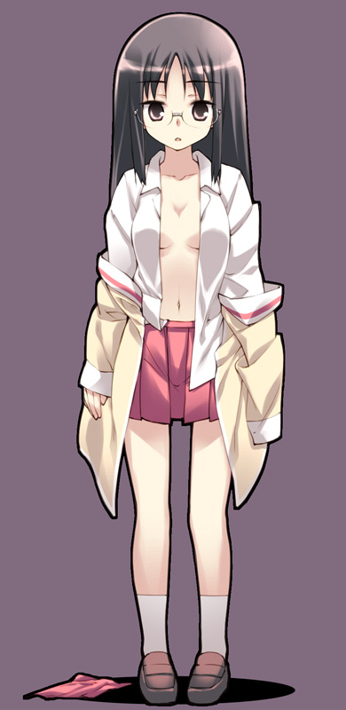 breasts, dress_shirt, footwear, glasses, hoshizaki_hikaru, loafers, minakami_mai, navel