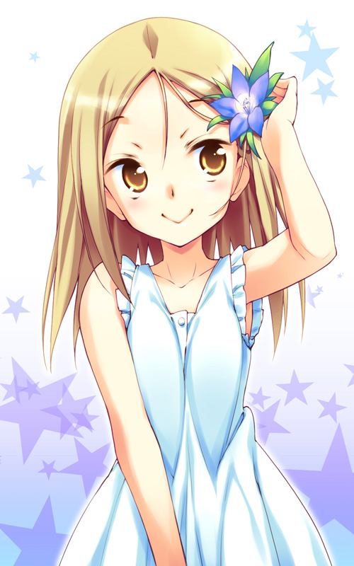 blonde_hair, dress, flower, hair_flower, hair_ornament, hoshizaki_hikaru, kaga_rin, sleeveless