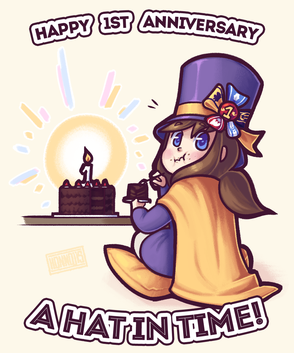 1girl, a_hat_in_time, blue_eyes, blush, bow, brown_hair, cake, candle