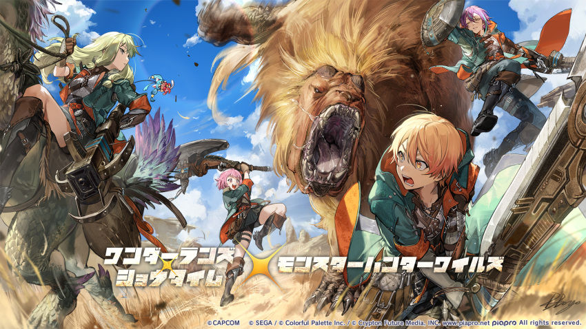 >_<, 2boys, 2girls, :d, armor, blonde_hair, blue_sky, bokyo