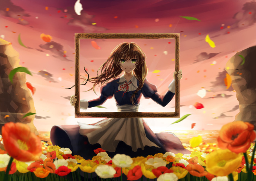blurry, braid, brown_hair, depth_of_field, dress, field, flower, flower_field