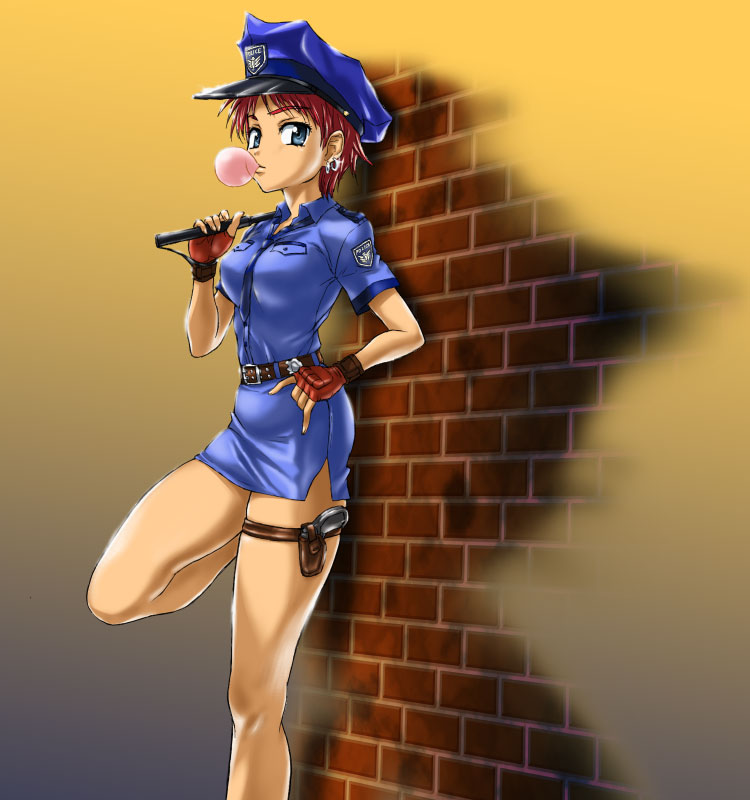 billystick, brick, brick_wall, brickwall, bubblegum, cosplay, earrings, female, fingerless_gloves, fujisaki_mana, gloves, gun, hadime, hajime_(caramel_toone), handgun, hat, holster, jewelry, leg_lift, onegai_my_melody, police, police_uniform, policewoman, red_hair, redhead, short_hair, skindentation, solo, standing, thigh_holster, thigh_strap, truncheon, uniform, wall, weapon