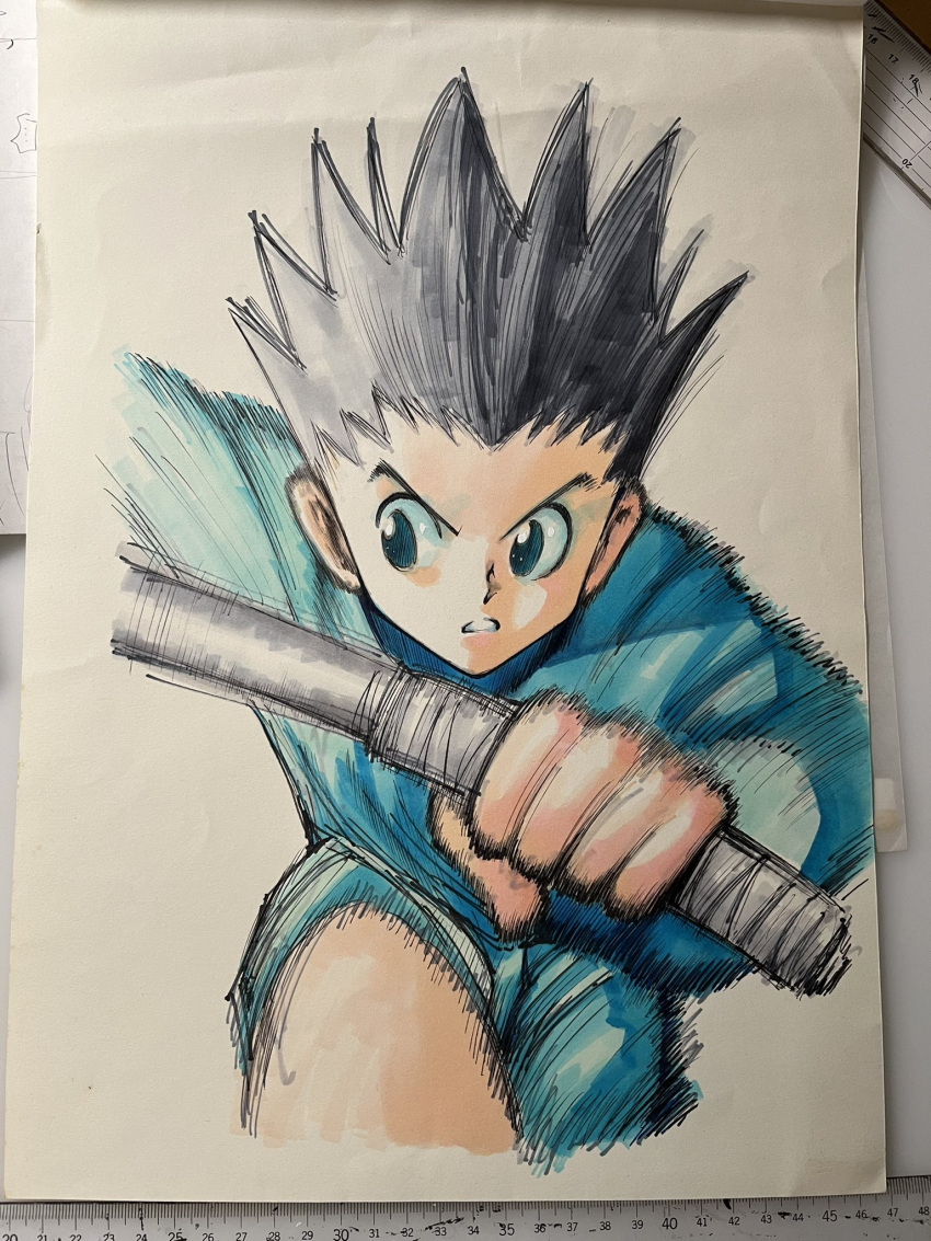 1boy, black_hair, closed_mouth, facing_viewer, gon_freecss, highres, holding, hunter_x_hunter