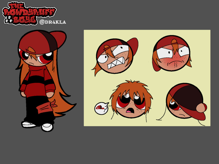 1boy, angry, backwards_hat, bandana, bandana_around_ankle, black_pants, blush, brick_(ppg), commentary, dr4kla, embarrassed, english_commentary, english_text, freckles, frown, full_body, grey_background, hat, highres, long_hair, long_sleeves, looking_at_viewer, looking_to_the_side, male_focus, multiple_expressions, open_mouth, orange_hair, pants, powerpuff_girls, red_bandana, red_eyes, red_hat, red_shirt, rowdyruff_boys, sad, sharp_teeth, shirt, shoes, single_stripe, skull, sneakers, solo, speech_bubble, teeth, thought_bubble, v-shaped_eyebrows, very_long_hair, web_address, white_shoes, yellow_background