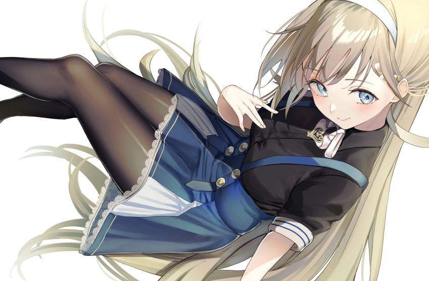 1girl, black_pantyhose, black_shirt, blue_eyes, blue_skirt, bow, bowtie, brown_hair