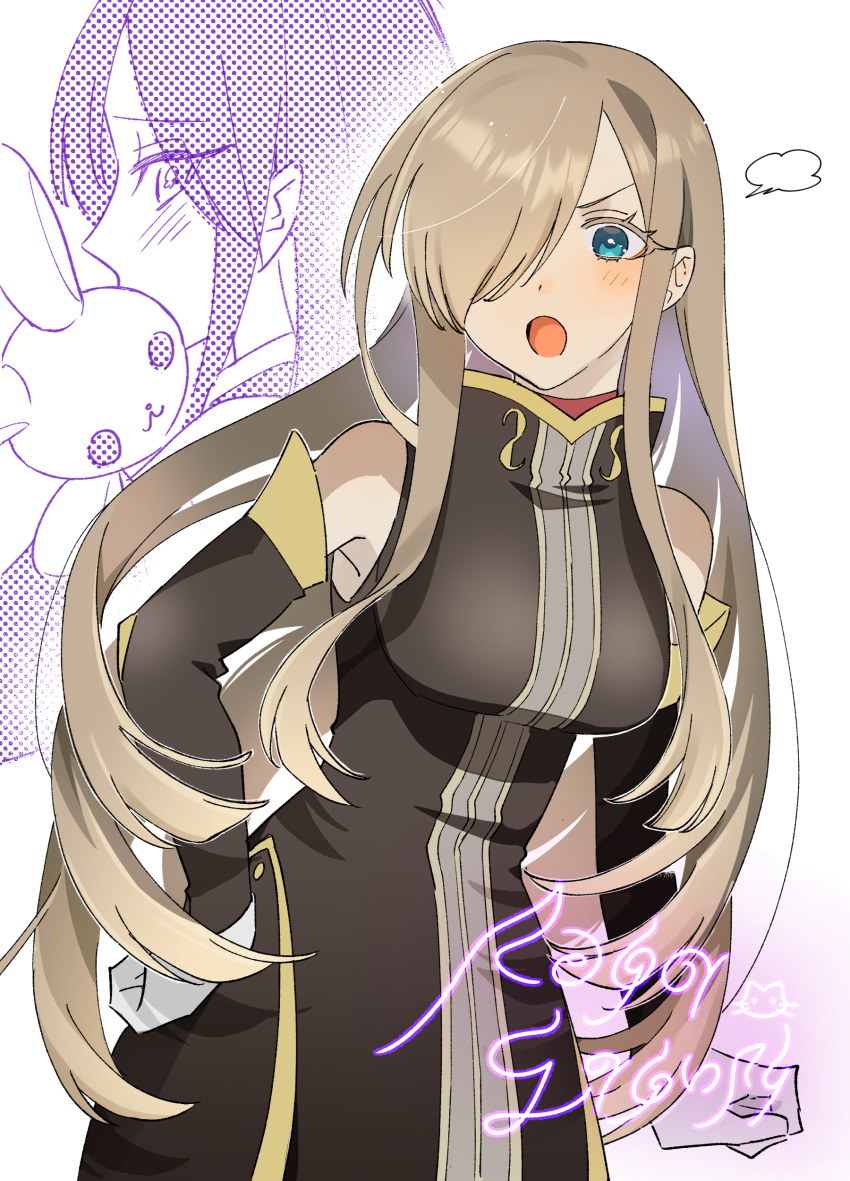 1girl, absurdres, bare_shoulders, blue_eyes, blush, breasts, brown_dress, brown_hair, brown_sleeves, commentary, cowboy_shot, detached_sleeves, dress, gloves, hair_over_one_eye, hand_on_own_hip, highres, holding, holding_stuffed_toy, large_breasts, long_hair, makamaka_gayluk, open_mouth, puff_of_air, sleeveless, sleeveless_dress, solo, stuffed_animal, stuffed_rabbit, stuffed_toy, tales_of_(series), tales_of_the_abyss, tear_grants, untranslatable_commentary, white_gloves