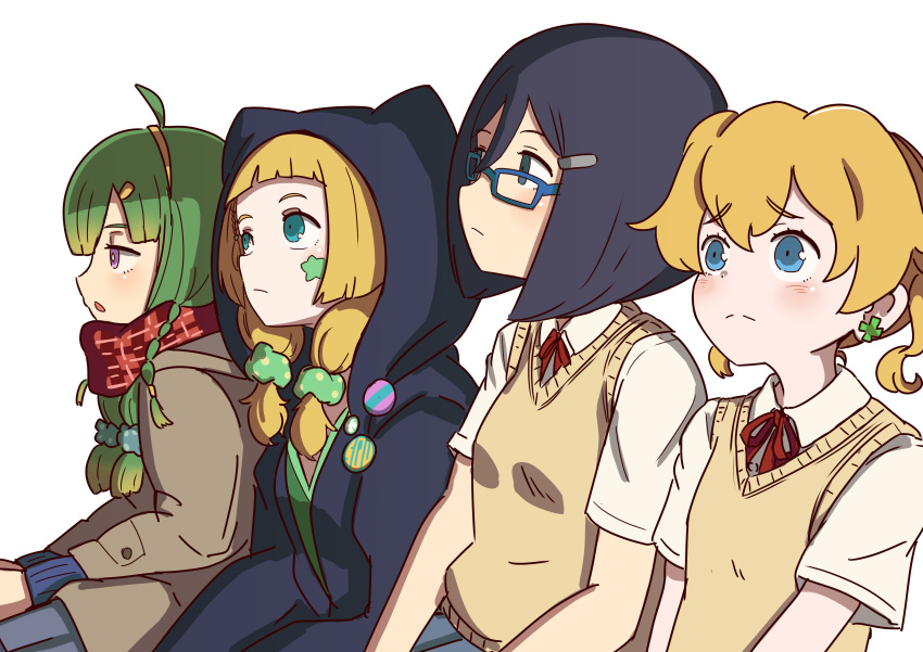 4girls, absurdres, animal_ear_hood, blonde_hair, blush, breasts, cianter, closed_mouth