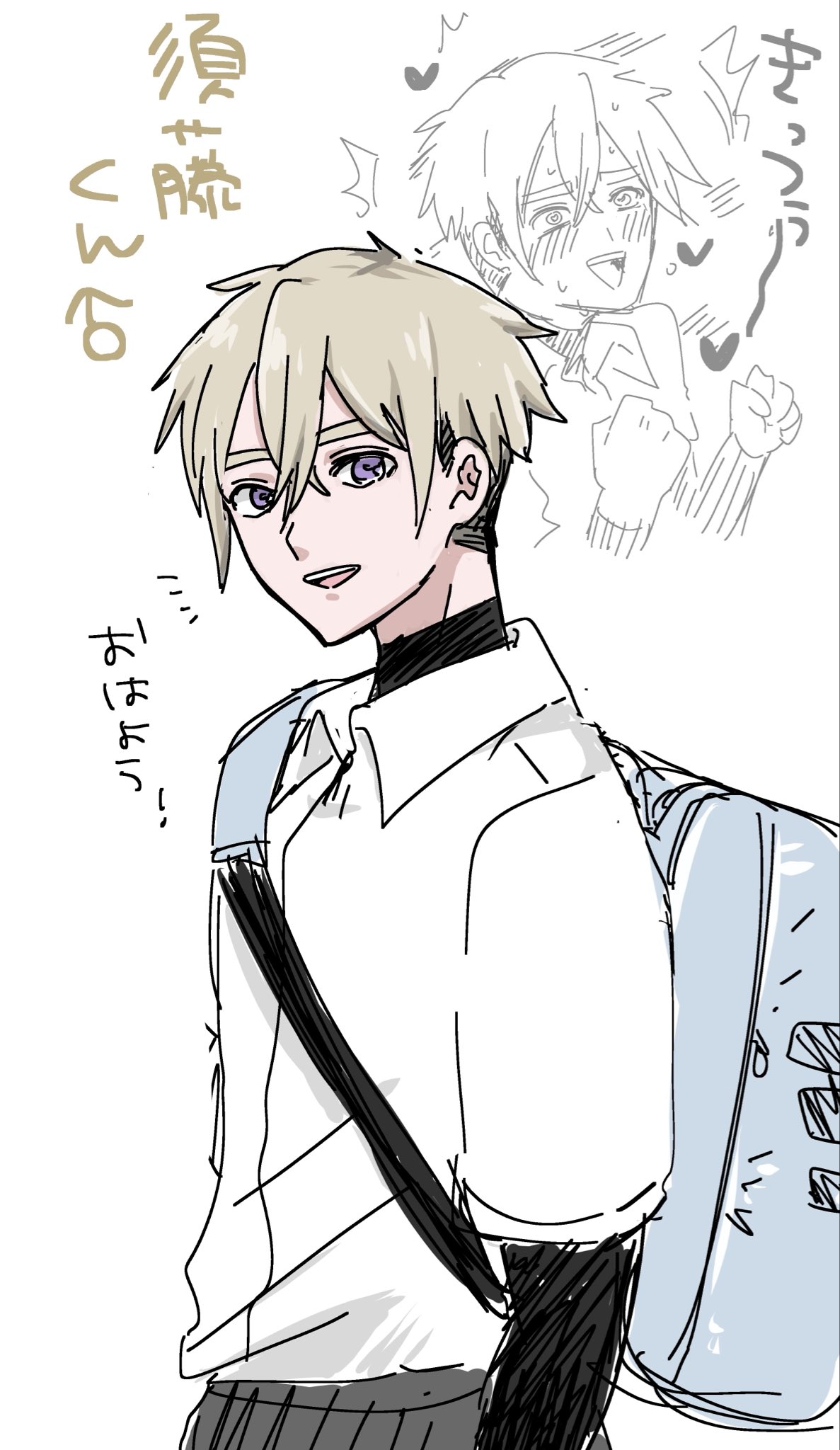1boy, backpack, bag, black_undershirt, blonde_hair, blush, commentary_request, genderswap