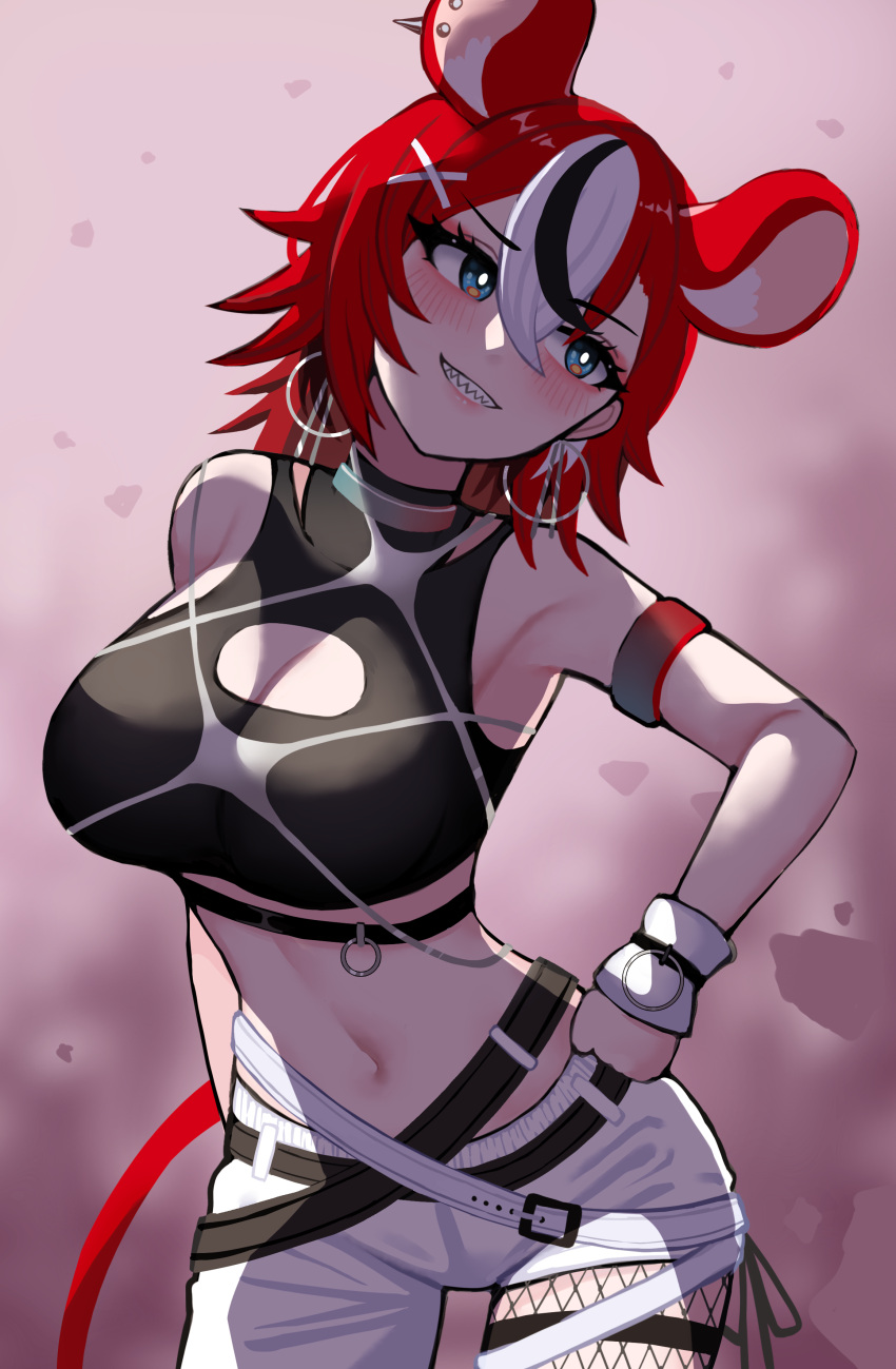1girl, absurdres, animal_ear_piercing, animal_ears, asymmetrical_clothes, belt, black_belt, black_streaks, ear_piercing, earrings, fishnets, grin, hakos_baelz, hakos_baelz_(monochrome_dancer), hand_on_own_hip, highres, hololive, hololive_english, jerrytz, jewelry, midriff, mouse_ears, mouse_girl, mouse_tail, multicolored_hair, piercing, red_hair, sharp_teeth, short_hair, single_pantsleg, smile, streaked_hair, tail, teeth