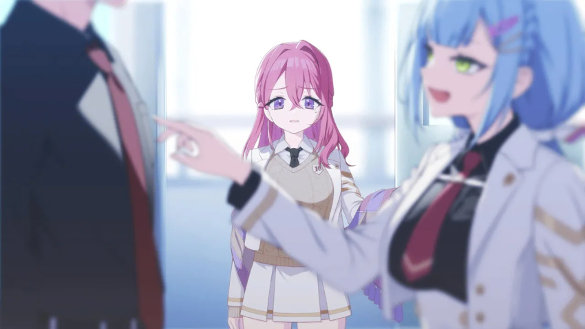 1boy, 2girls, artist_request, black_shirt, blazer, blue_hair, blurry, blurry_foreground