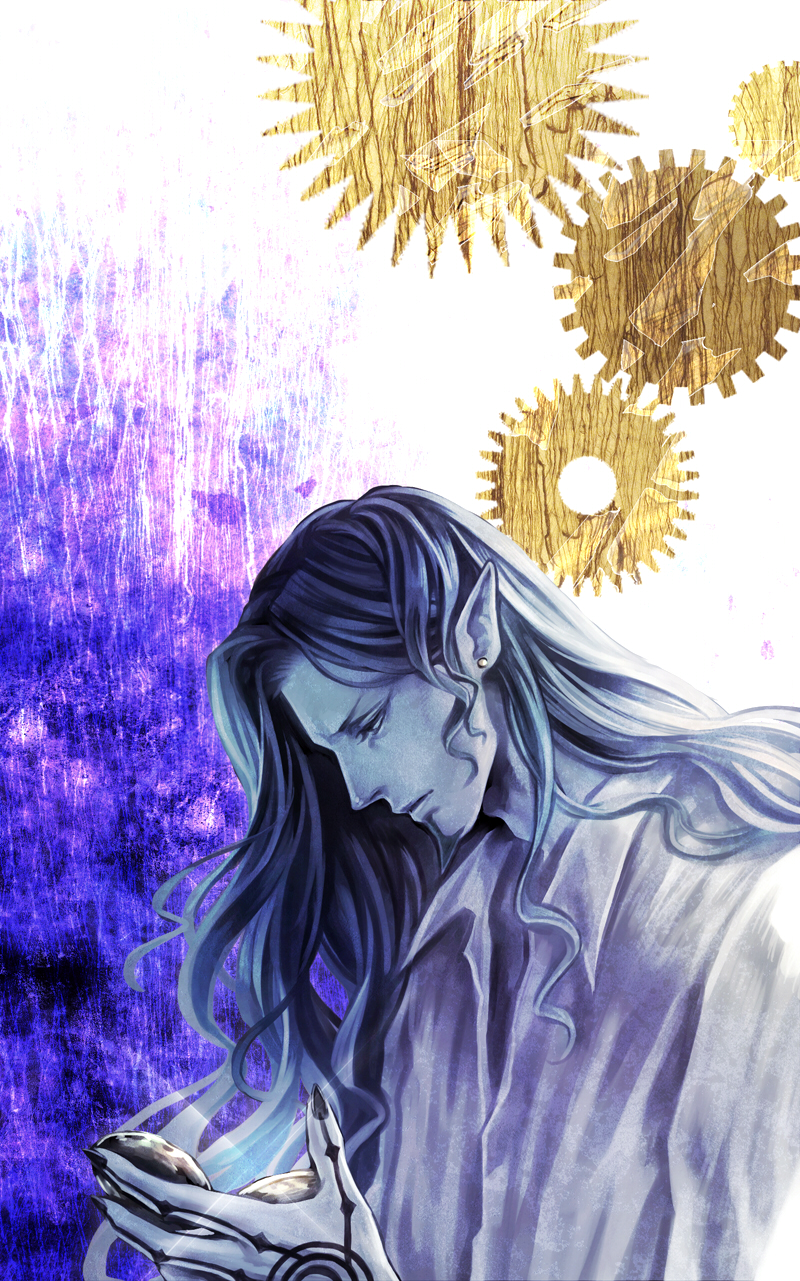 black_hair, blue_skin, count_of_monte_cristo, earrings, fingernails, gankutsuou, gears, highres