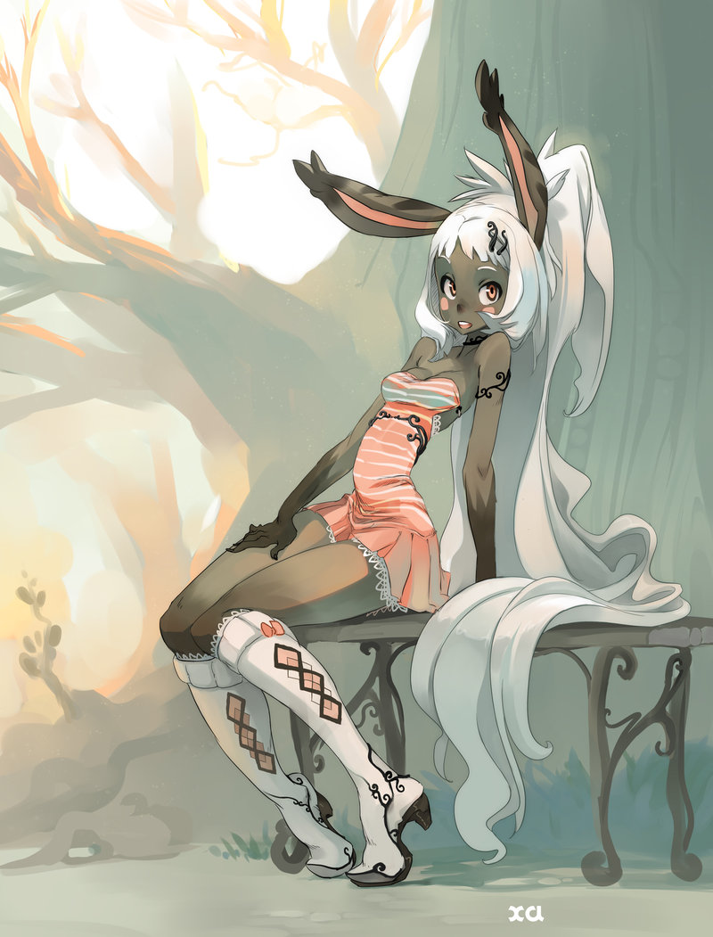 blush_stickers, boots, bunny_ears, dark_skin, dress, final_fantasy, final_fantasy_xii, fran