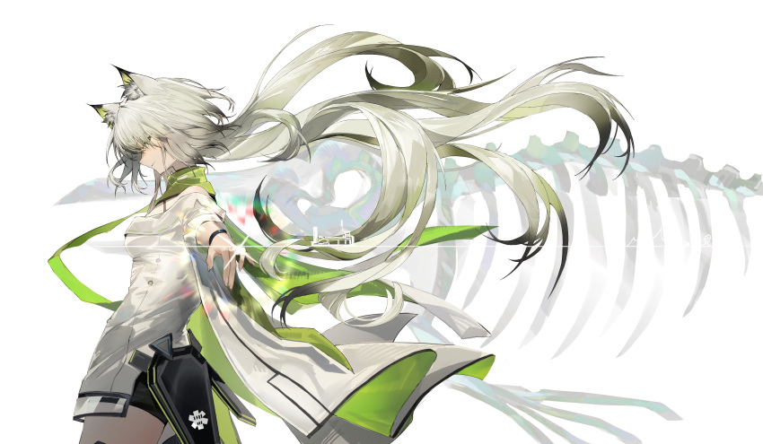 1girl, absurdres, animal_ears, arknights, bare_shoulders, black_shorts, breasts, cat_ears, cat_girl, closed_mouth, commentary, cowboy_shot, dress, english_commentary, fish_skeleton, floating_hair, from_side, glint, gradient_hair, green_eyes, grey_hair, highres, jellyfish_cut, kal'tsit_(arknights), kal'tsit_esperanta_(arknights), long_hair, looking_at_viewer, medium_breasts, multicolored_hair, off-shoulder_dress, off_shoulder, official_alternate_costume, official_alternate_hairstyle, outstretched_arm, profile, shorts, sideways_glance, simple_background, solo, tabayashi, white_background, white_dress