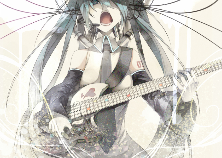 aqua_eyes, aqua_hair, detached_sleeves, electric_guitar, guitar, hair_over_one_eye, hatsune_miku, headset