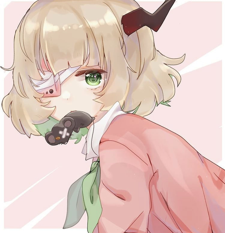 1girl, artist_request, black_horns, blonde_hair, blunt_bangs, cellphone, collared_shirt, from_side