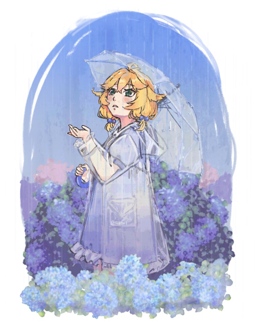 1girl, alternate_costume, blonde_hair, blue_background, blue_dress, blue_flower, commentary, dokibird, dress, feet_out_of_frame, flower, green_eyes, indie_virtual_youtuber, looking_up, medium_hair, outdoors, parted_lips, plant, rain, raincoat, riko_(aemirrrrr), solo, standing, transparent, transparent_umbrella, umbrella, virtual_youtuber