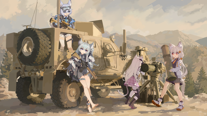 4girls, absurdres, animal_ear_fluff, animal_ears, armored_vehicle, assault_rifle, barefoot, bgm-71_tow, black_shirt, blonde_hair, blue_eyes, blue_hair, boots, breasts, brown_eyes, goggles, goggles_on_head, grey_shirt, gun, h&amp;k_hk416, highres, holding, holding_gun, holding_weapon, incredibly_absurdres, jacket, long_hair, m4_carbine, military, military_combat_uniform, military_uniform, mountain, multiple_girls, necktie, orange_necktie, original, outdoors, pleated_skirt, rifle, scenery, shirt, skindentation, skirt, small_breasts, tactical_clothes, thigh-highs, thigh_strap, very_long_hair, weapon, white_thighhighs, xg_epee