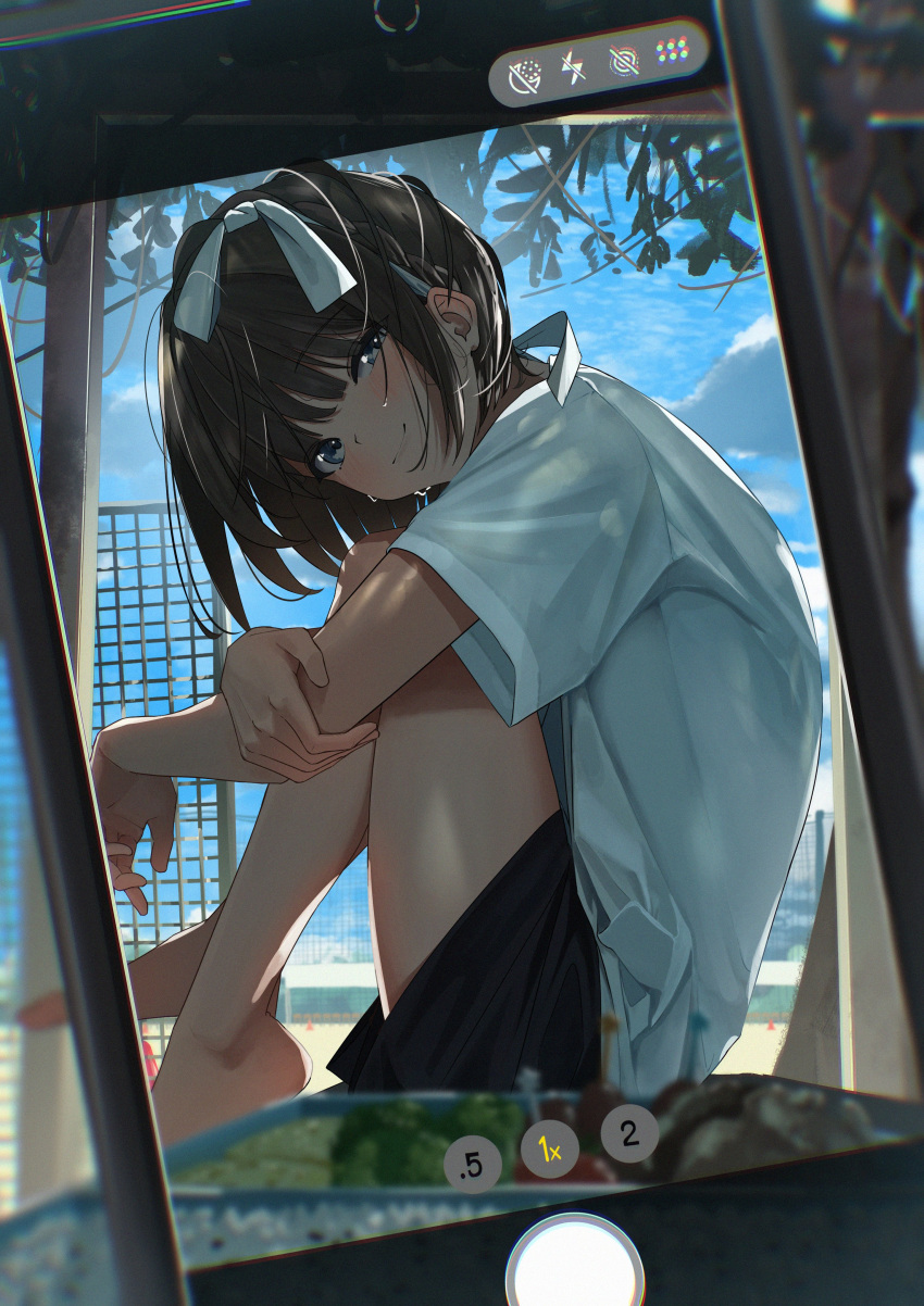 1girl, absurdres, barefoot, black_shorts, blue_eyes, blush, brown_hair, cellphone