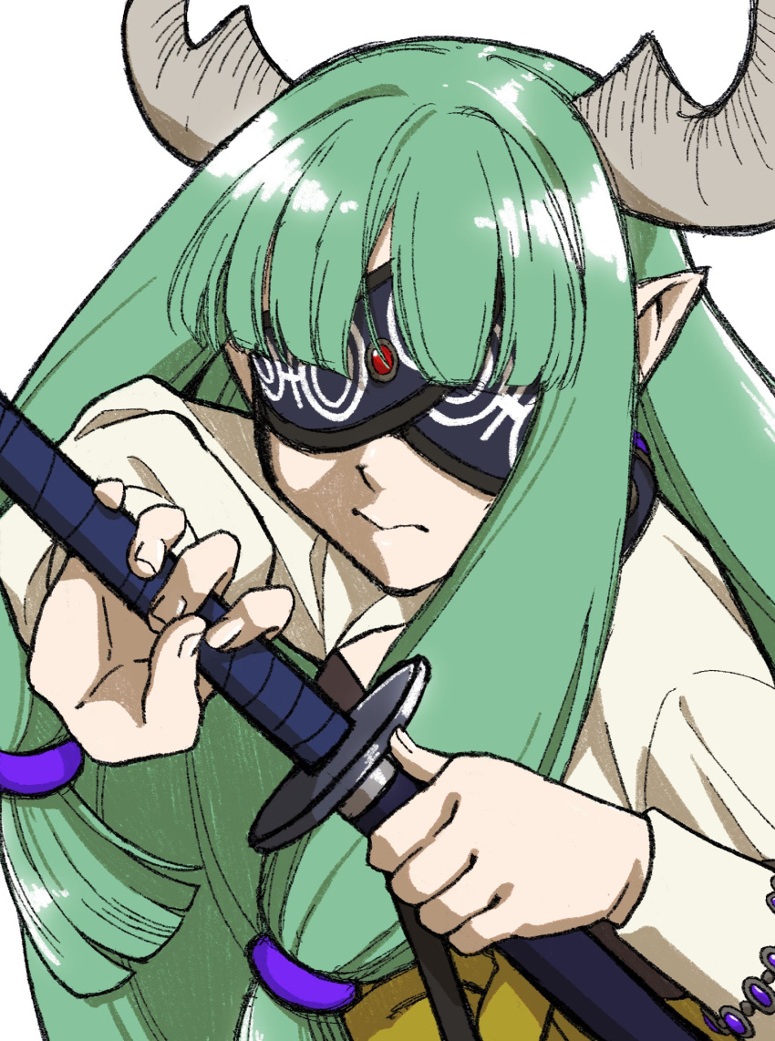 1girl, akisaya38102, blindfold, blindfold_mask, braid, closed_mouth, commentary_request, demon