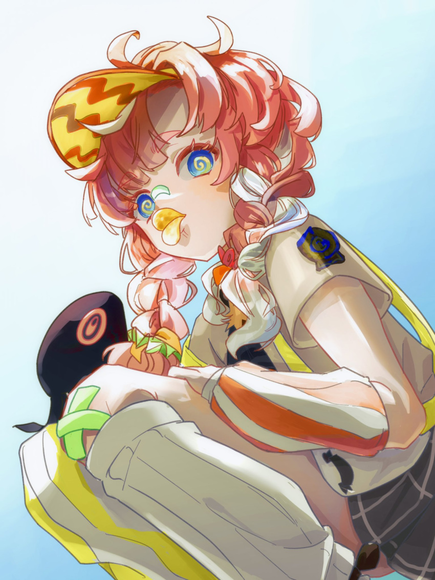 1girl, @_@, blue_eyes, braid, braided_twintails, chips_(food), detached_sleeves, fate/grand_order