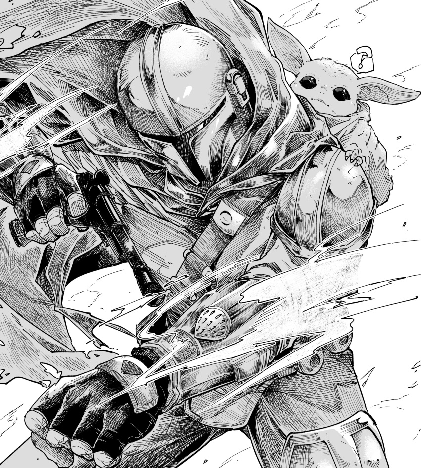 2boys, ?, absurdres, armor, blaster_(star_wars), breastplate, cape, creature