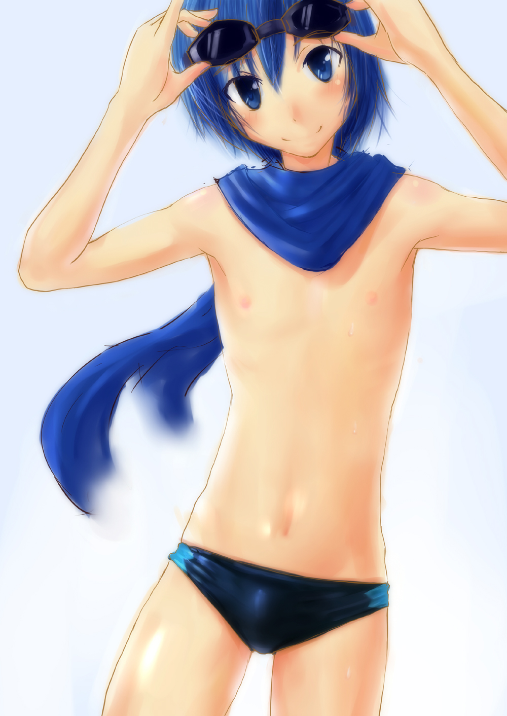 1boy, blue_eyes, blue_hair, goggles, goggles_on_head, highres, kaito, male, project_diva, project_diva_(series), project_diva_2nd, scarf, short_hair, speedo, swimsuit, tamago_(irahai), vocaloid