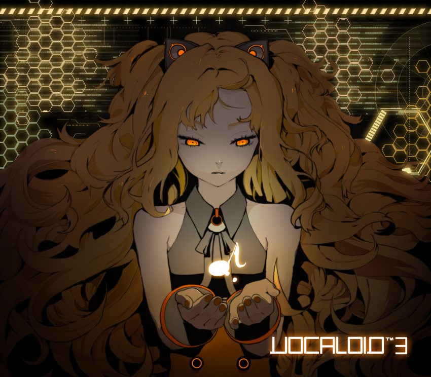 animal_ears, bare_shoulders, blonde_hair, bow, do_re_mi, doremi, face, glowing, glowing_eyes, hands, highres, long_hair, musical_note, orange_eyes, seeu, solo, very_long_hair, vocaloid