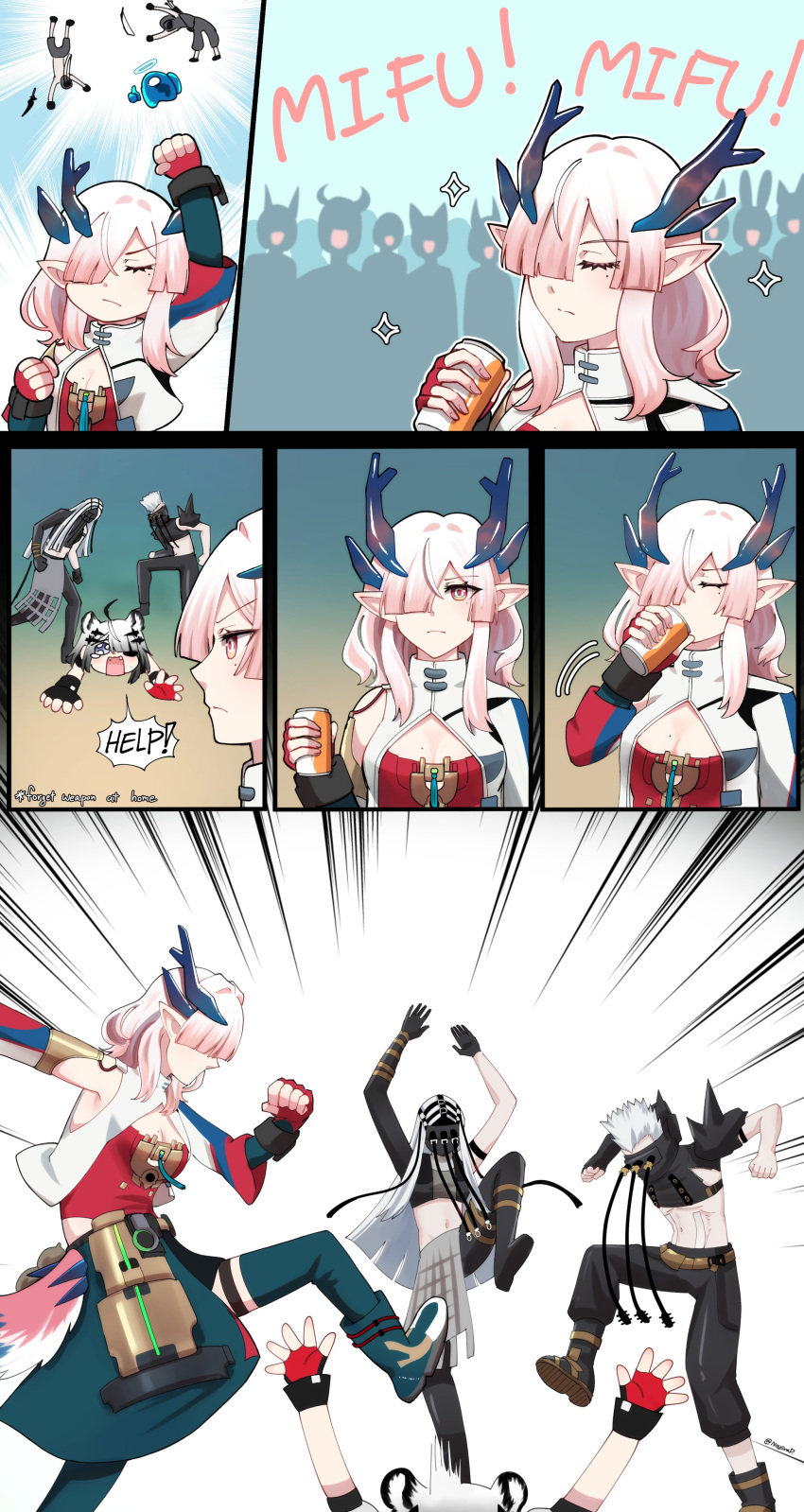 2girls, 3boys, abbacchio_joins_the_kicking_(meme), absurdres, aggeloi, animal_ears, arknights, arknights:_endfield